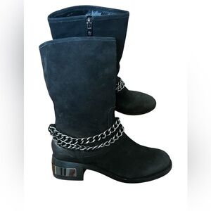 Vince Camuto Black Leather Chain Moto Mid Calf Boots Biker Western Edge Size 7.5